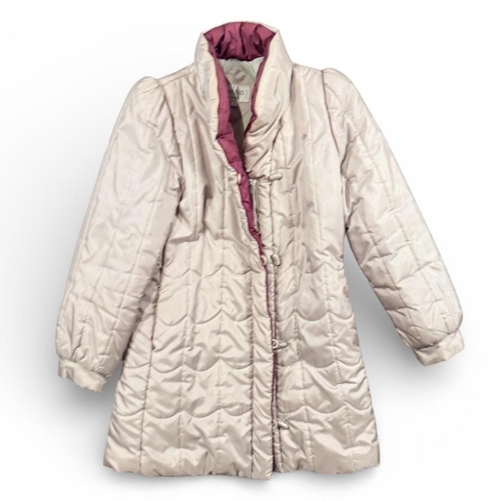 Vintage 1980s Adamo Quilted Puffer Coat‎ Beige/Grey Purple trim Women's Size S
